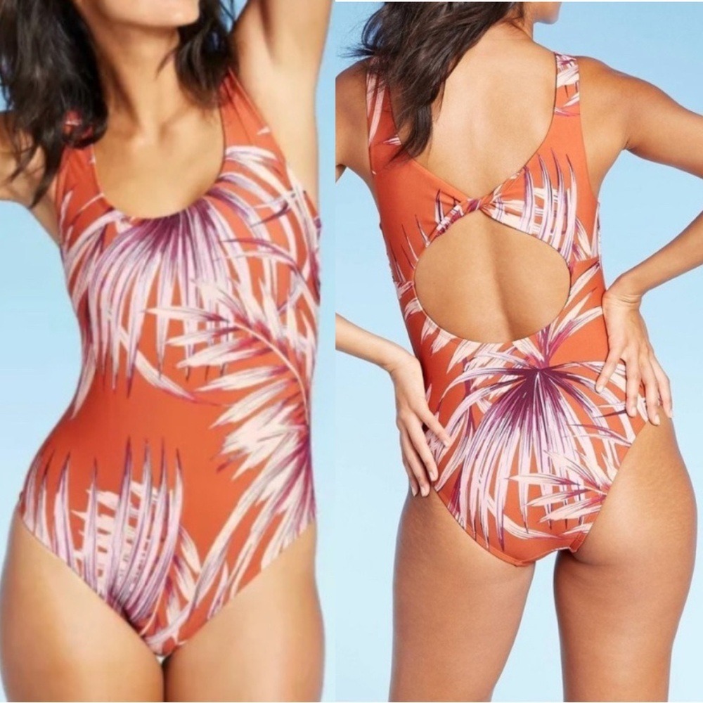 KONA SOL One Piece Swimsuit Size M‎ Orange Tropical Palm Leaf Twist Back Cutout